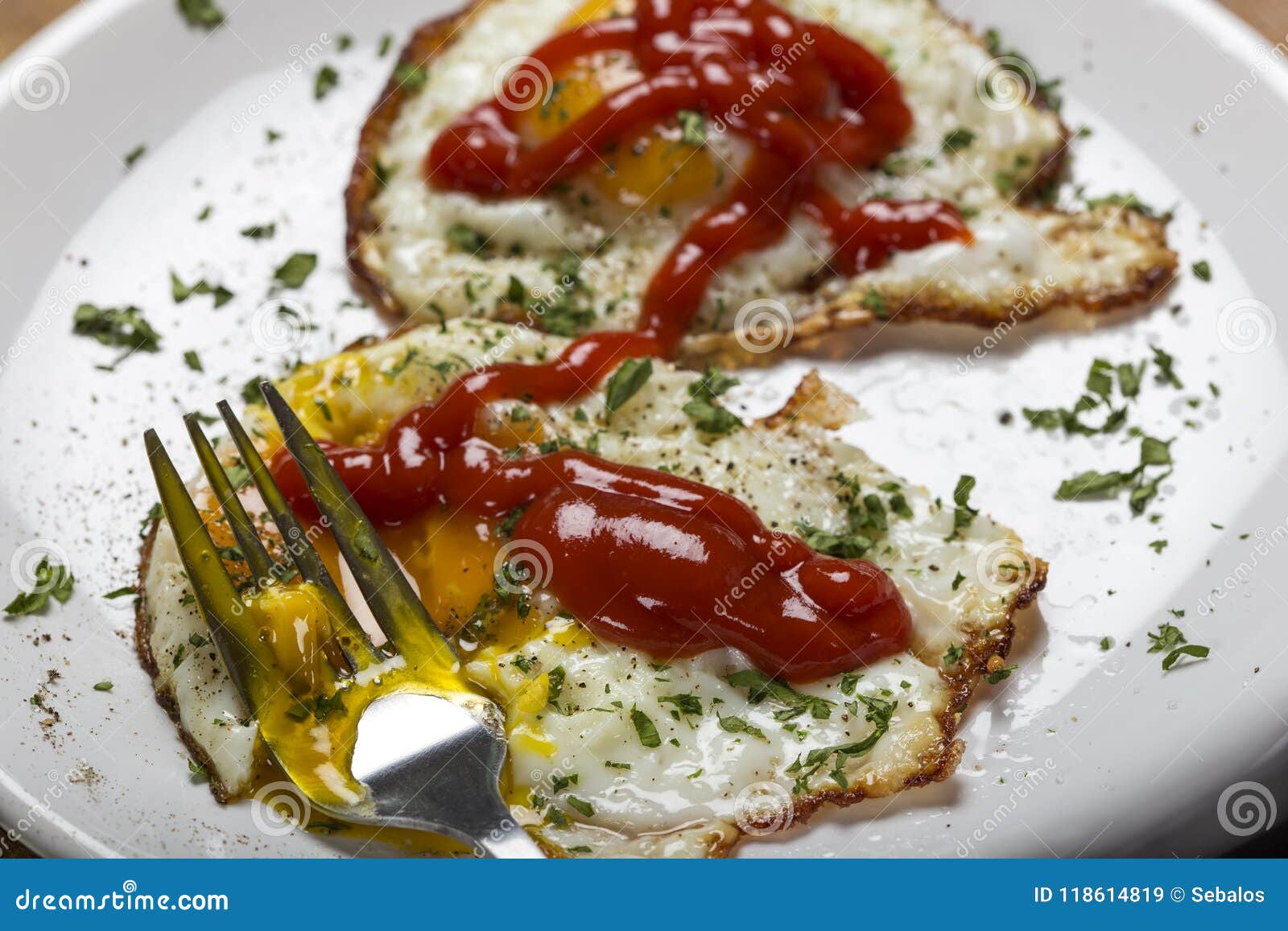 Eating Fresh Fried Eggs with Tomato Ketchup and Herbs Stock Image Image of black, salt 118614819
