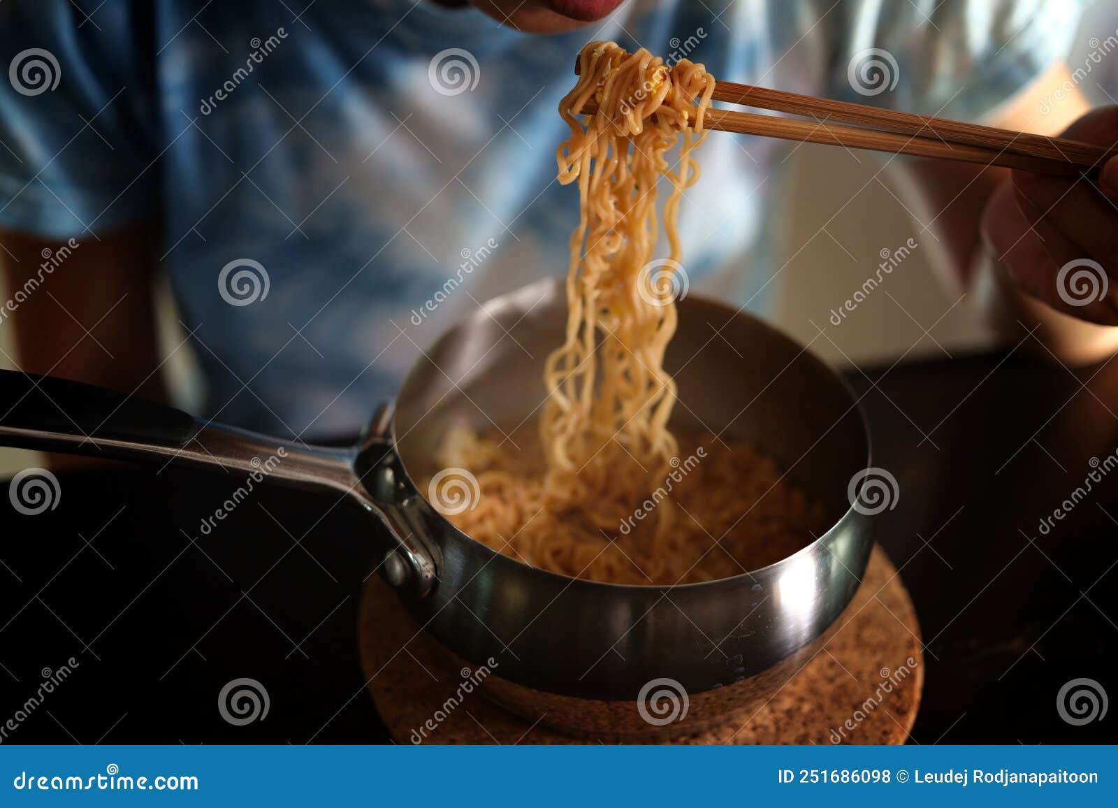 Eating Instant Noodles in Aluminum Pot Stock Photo Image of close