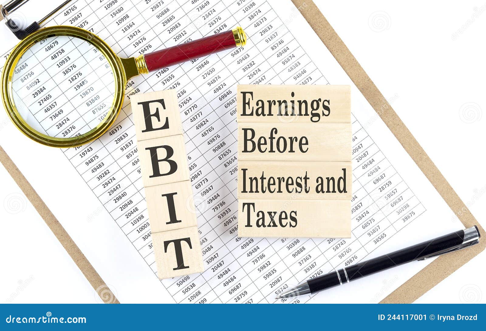 ebit text on wooden block on chart background