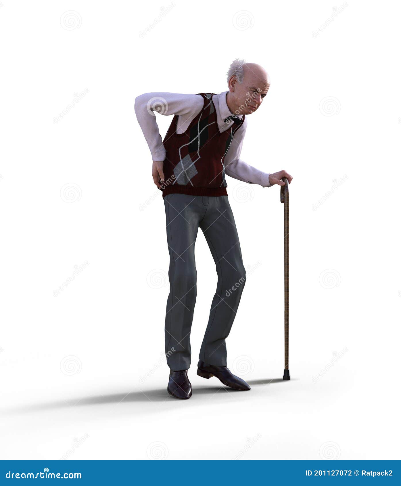 Eccentric Senior Man with a Walking Cane Suffering from Back Pain Stock