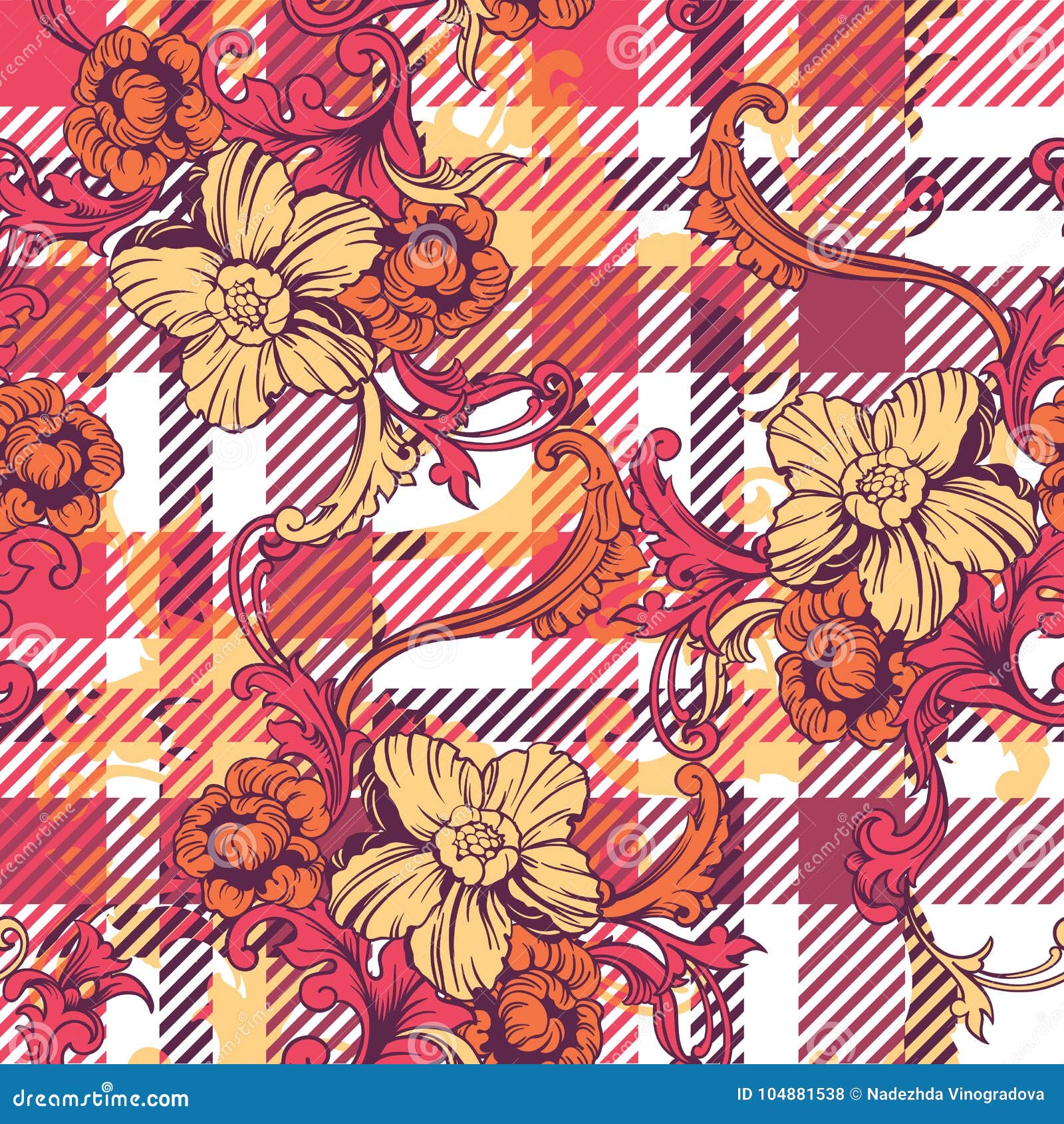Eclectic Fabric Plaid Seamless Pattern With Baroque Ornament