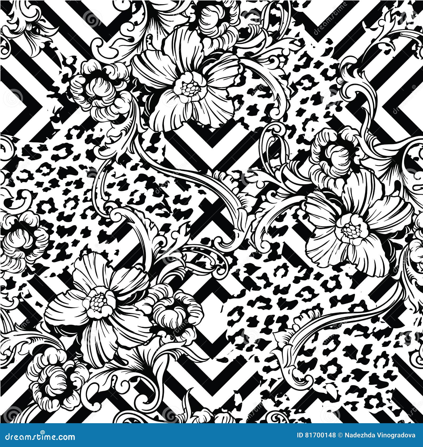 eclectic fabric seamless pattern. animal and geometric background with baroque ornament