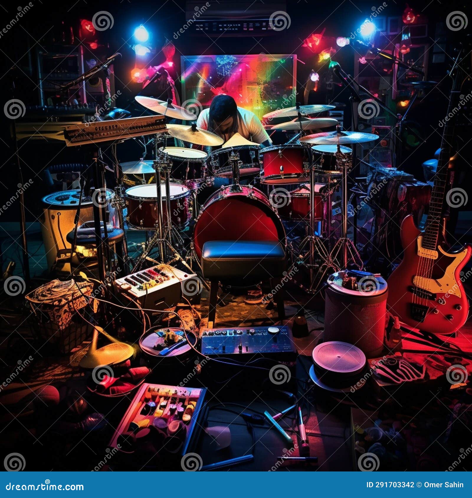 Eclectic Live Band or DJ Setup with Vibrant Visuals Stock Photo Image