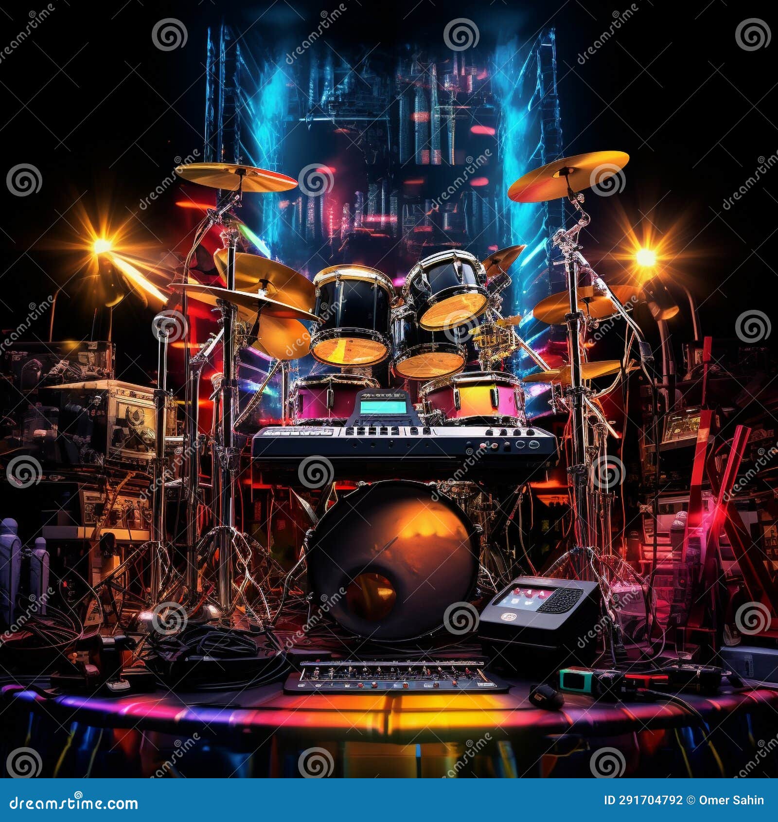 Eclectic Live Band or DJ Setup with Vibrant Visuals Stock Photo Image