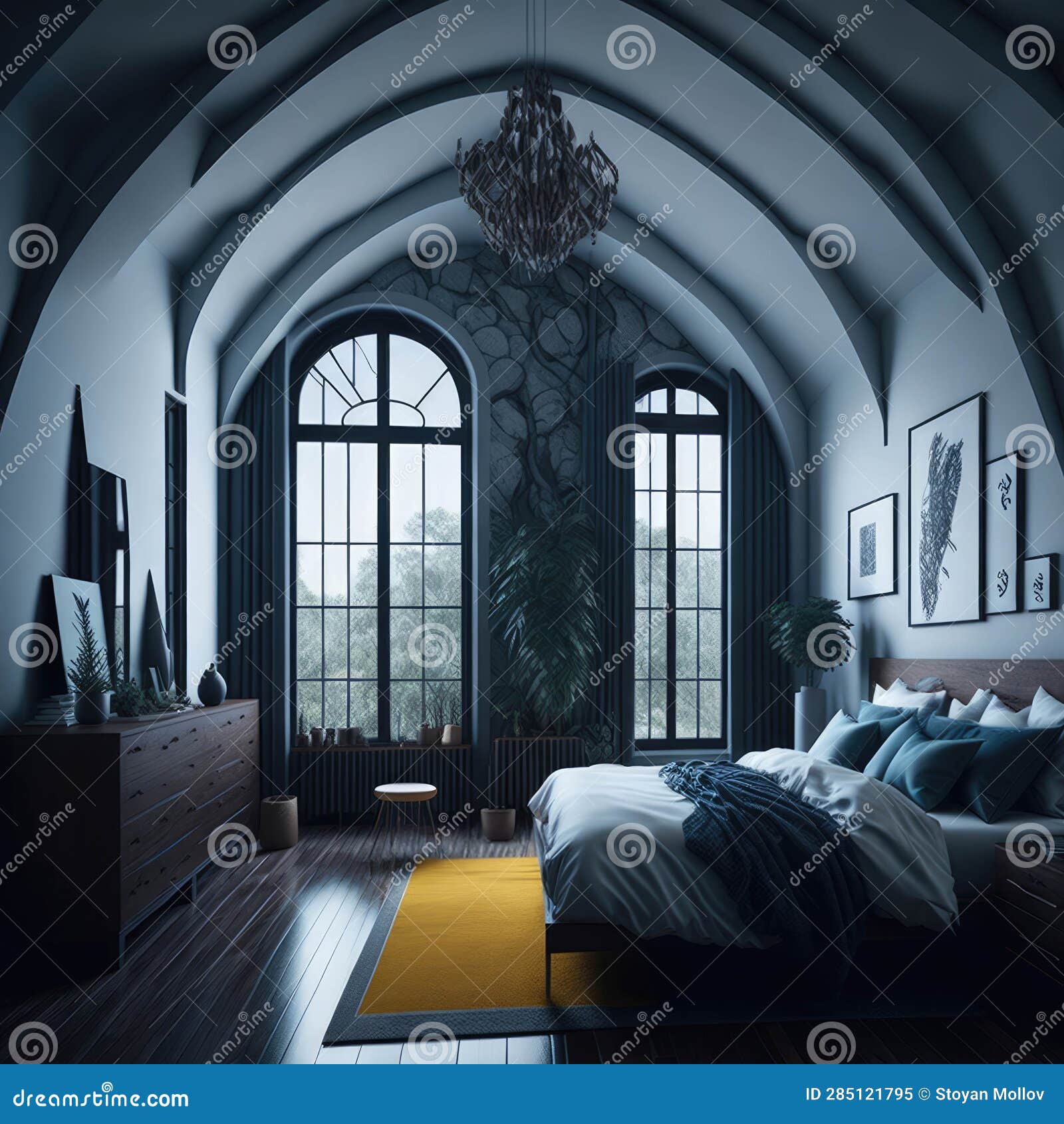 Eclectic Modern Interior of Bedroom Design with High Arched Ceiling ...