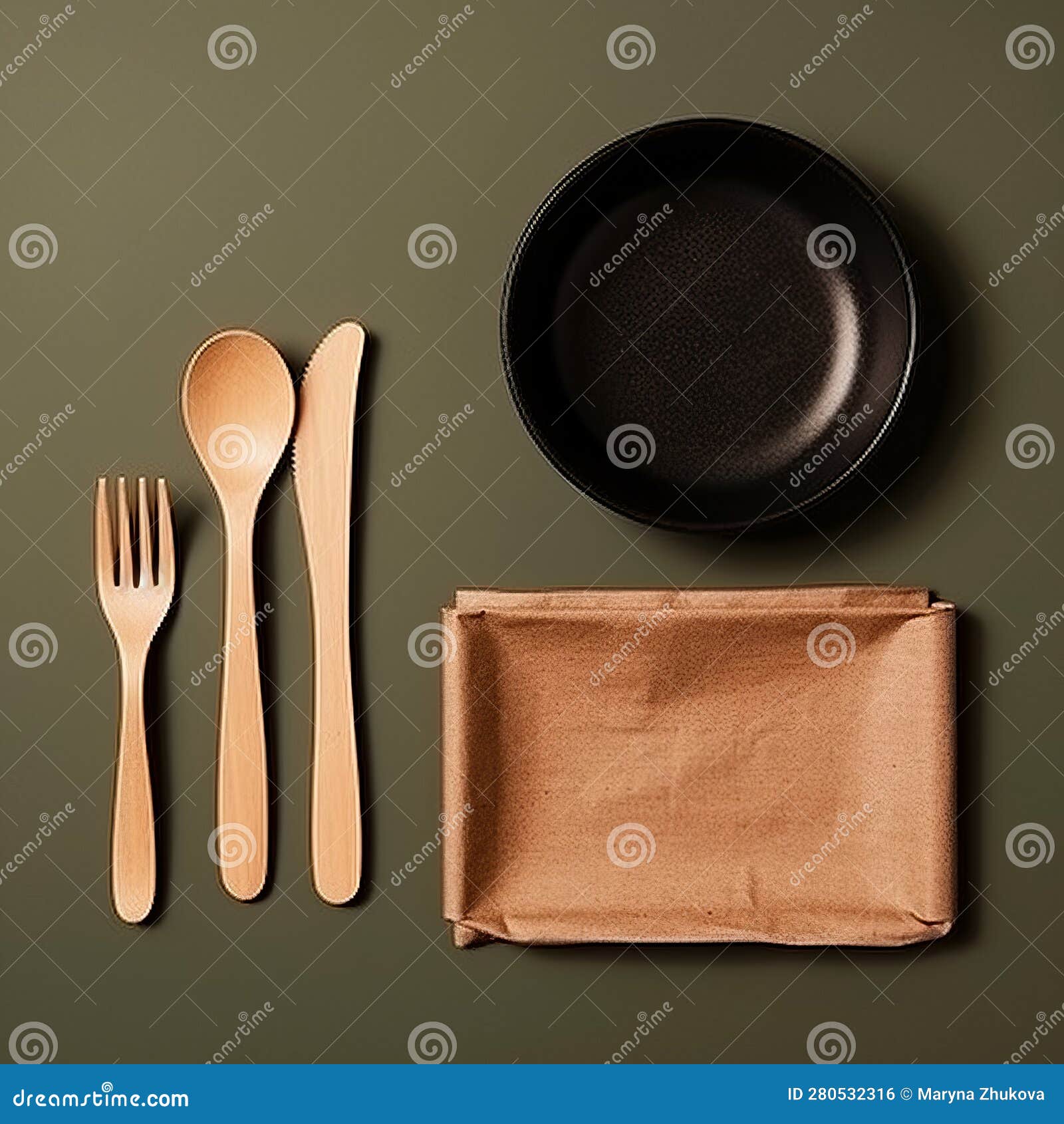 eco crockery plates and forks made of wood, non-waste, environmentally friendly