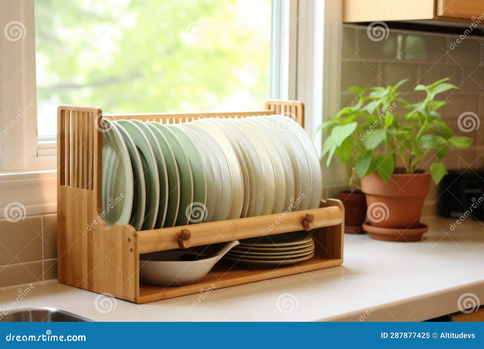 Ecofriendly Bamboo Dish Rack in Kitchen Stock Illustration
