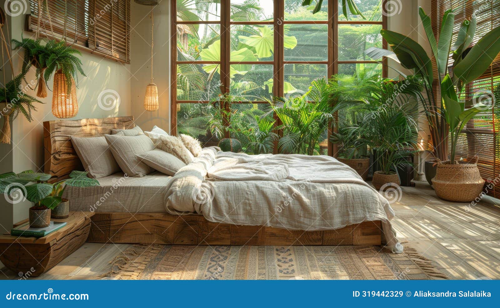 eco-friendly bedroom decor, sustainable bedroom decor with recycled wood bed frame, eco-friendly linens, and potted