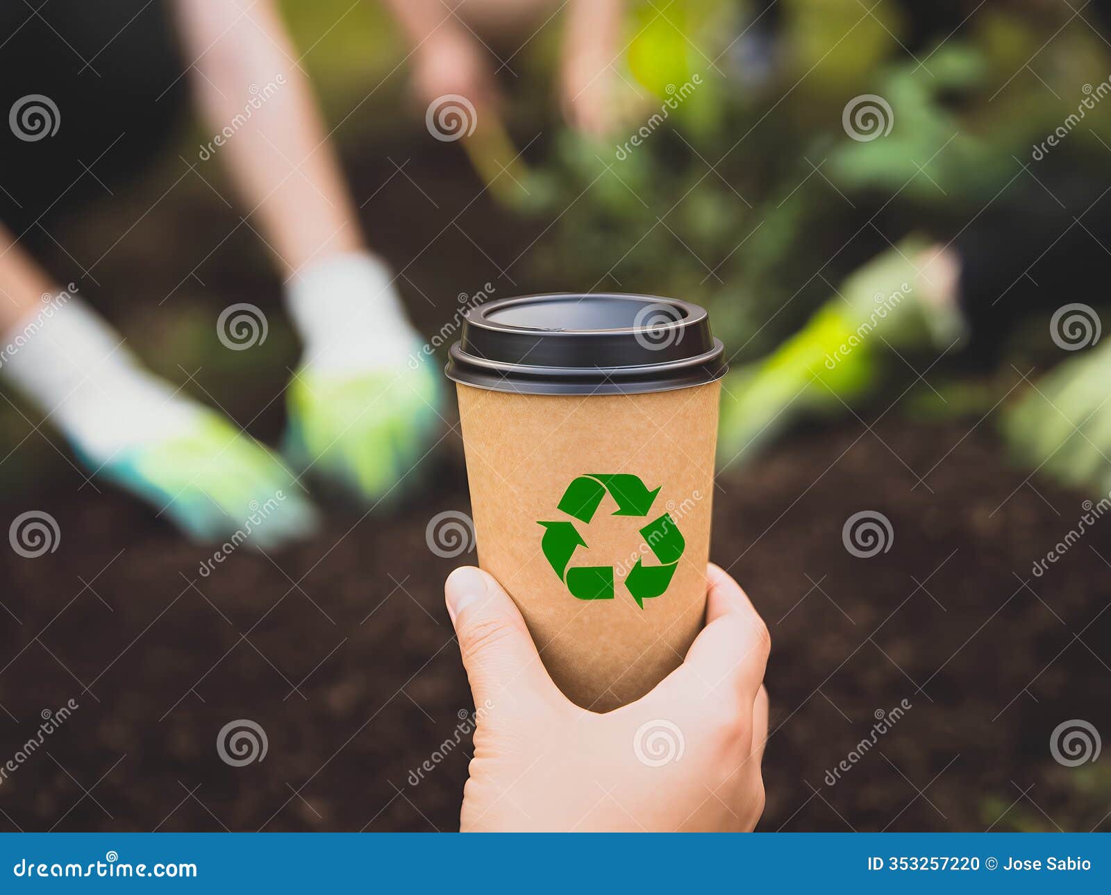 eco-friendly coffee break: hand holding biodegradable cup with recycling  at a community tree-planting event