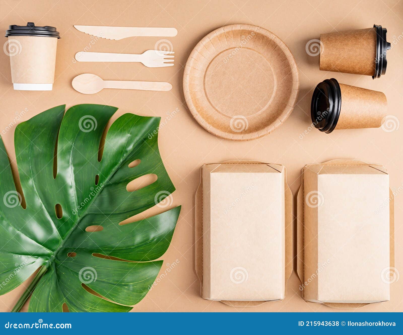 Eco Friendly Disposable Tableware on Brown Background Stock Photo