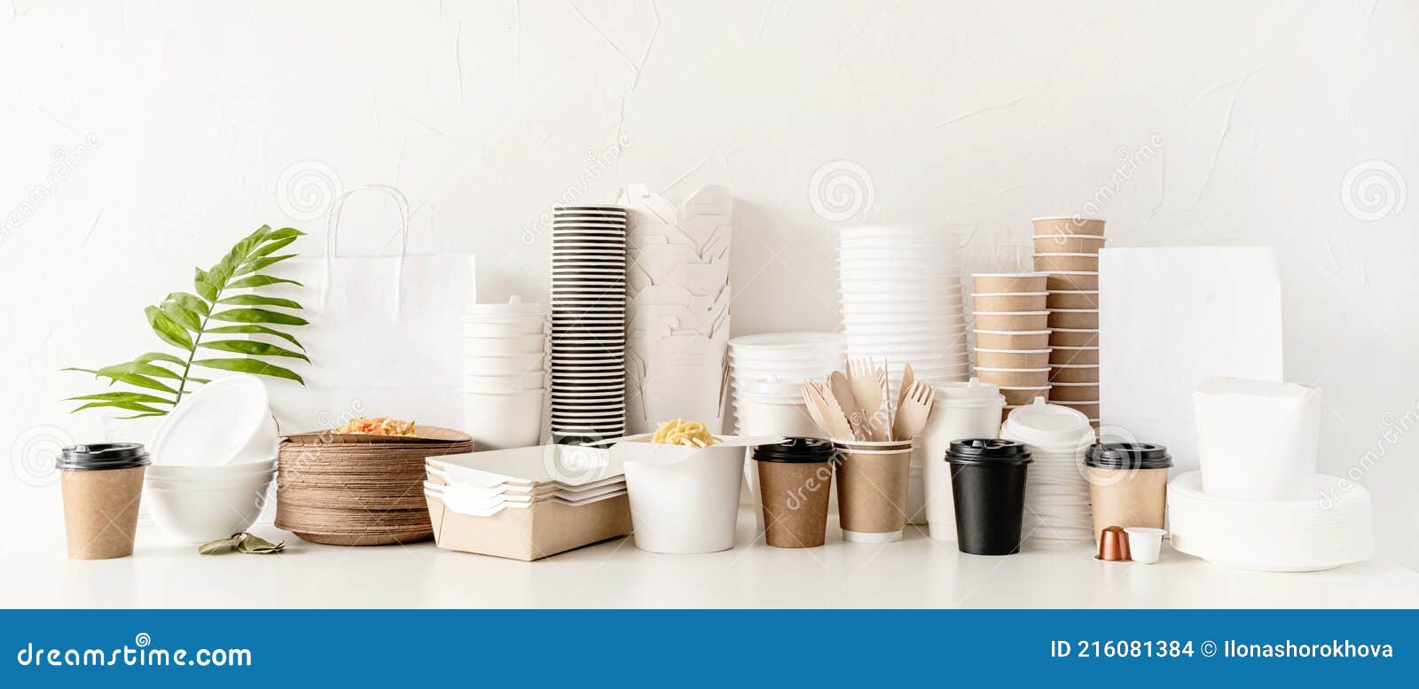 Eco Friendly Disposable Tableware and Eating Utensils on Table Stock