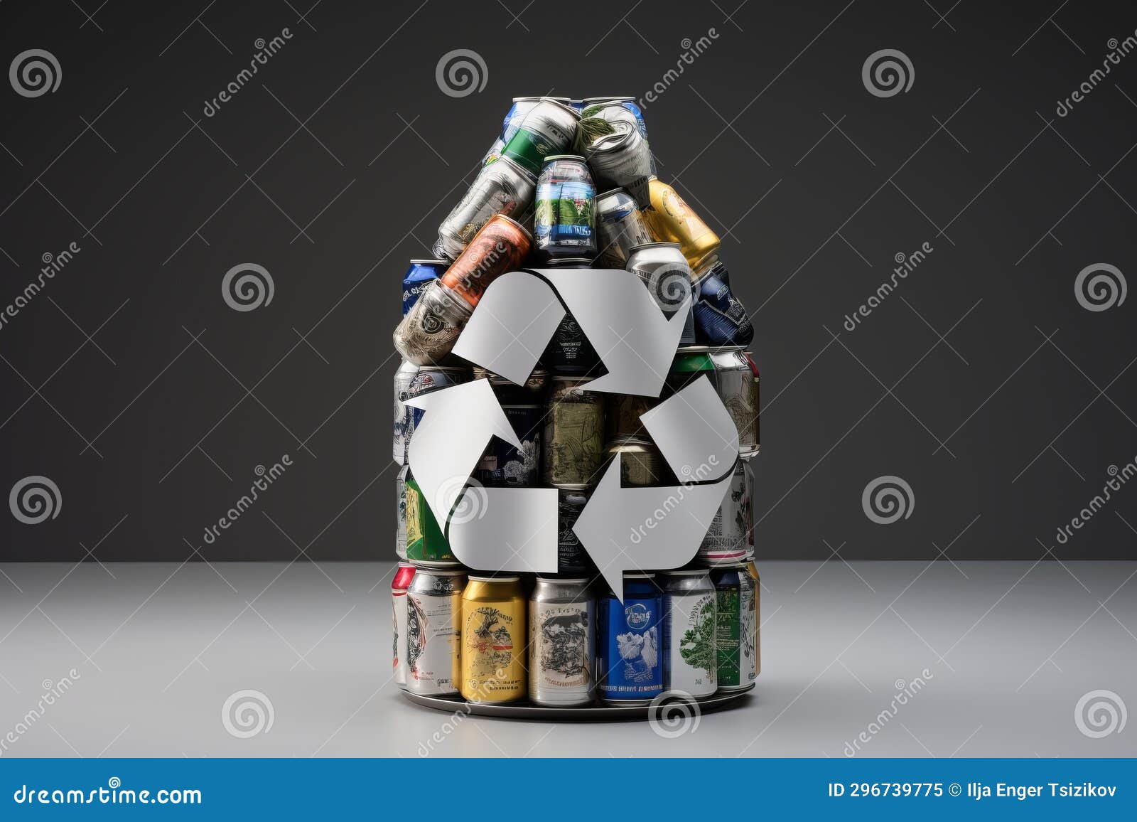 Aluminum Pressed Cans Recycling Symbol On Plain Background, Promoting