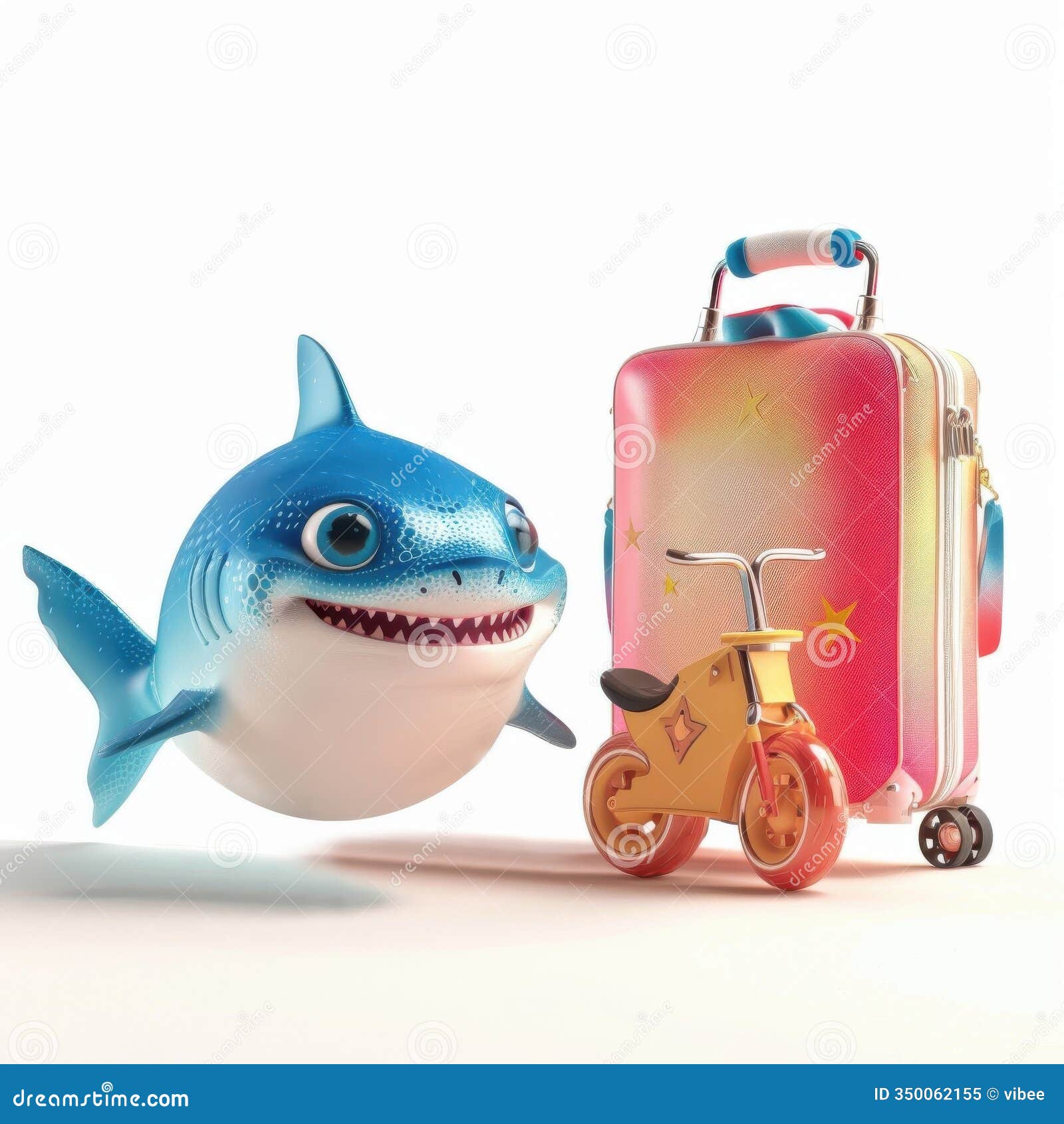 a cheerful 3d shark totes a colorful suitcase, bringing the joy of travel and relaxation to life in this vibrant scene