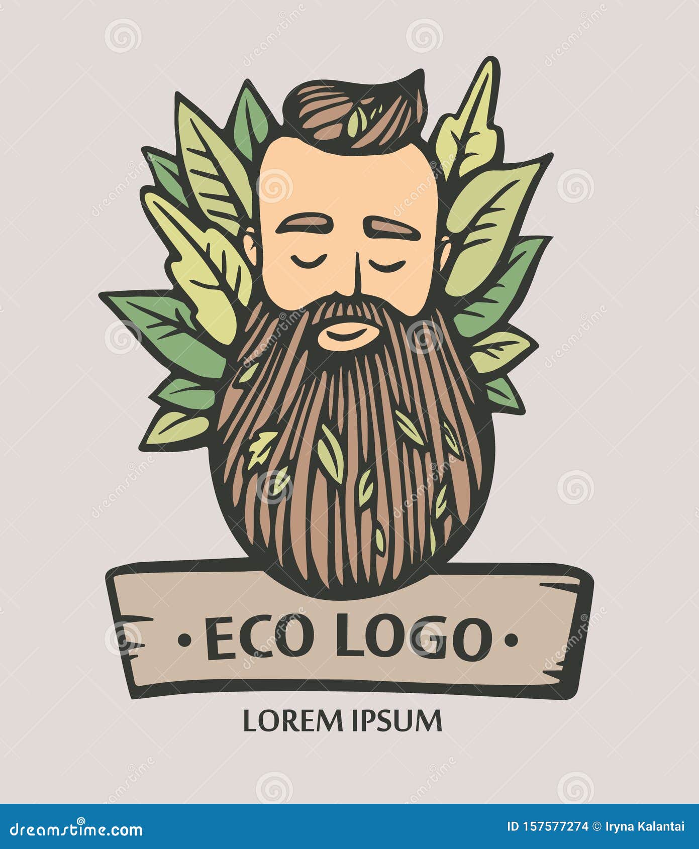 Eco Nature Logo. Hipster Head with Blooming Beard with Leafs. Hand