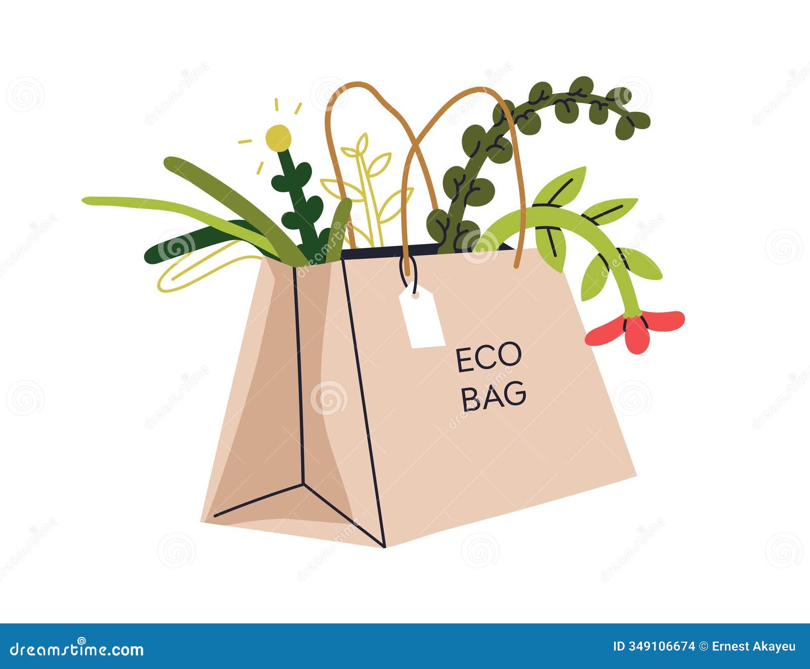 eco paper bag with green leaf plants inside. natural recyclable biodegradable reusable package. zero-waste plastic-free