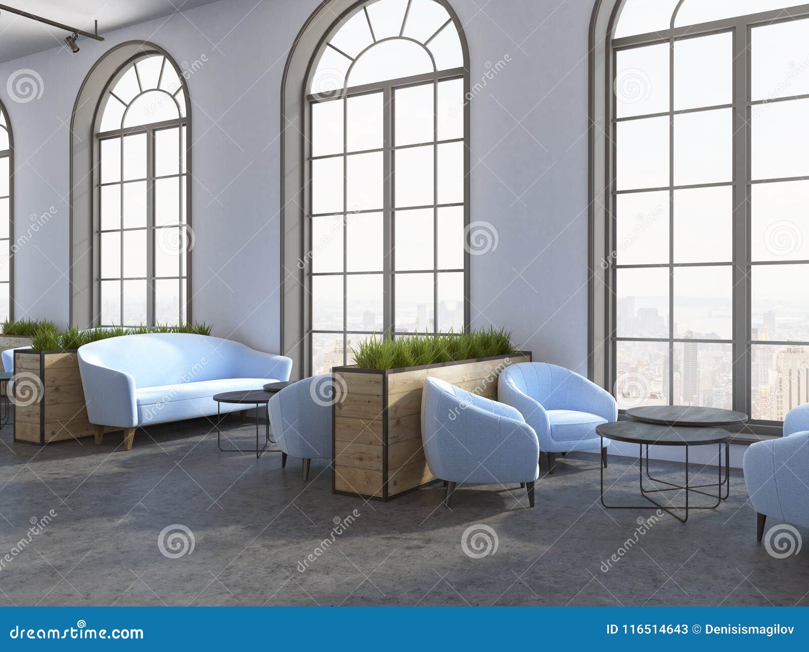 Eco style hotel restaurant, blue armchairs sofas