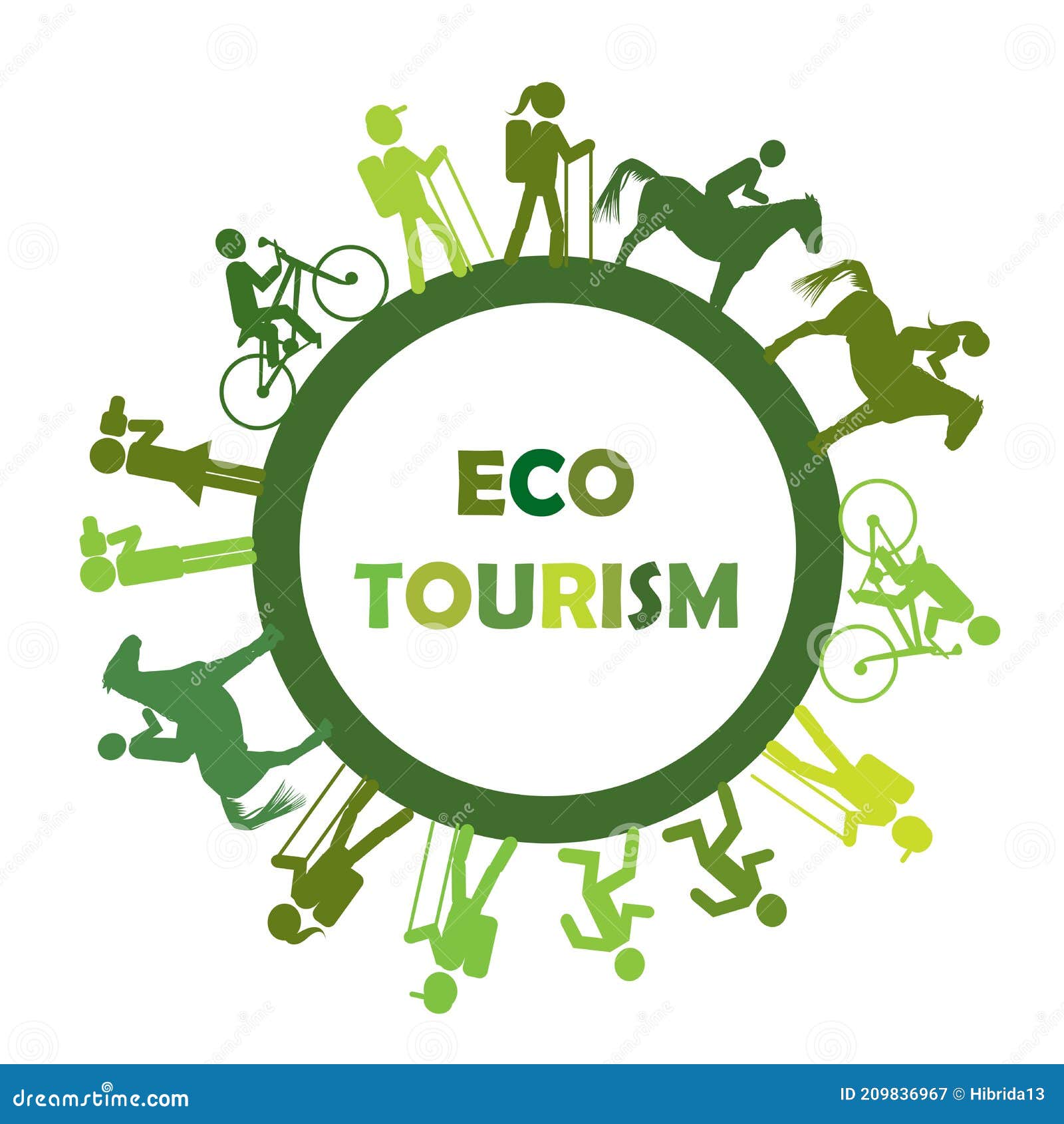 eco turism concept with round frame and stylized tourists