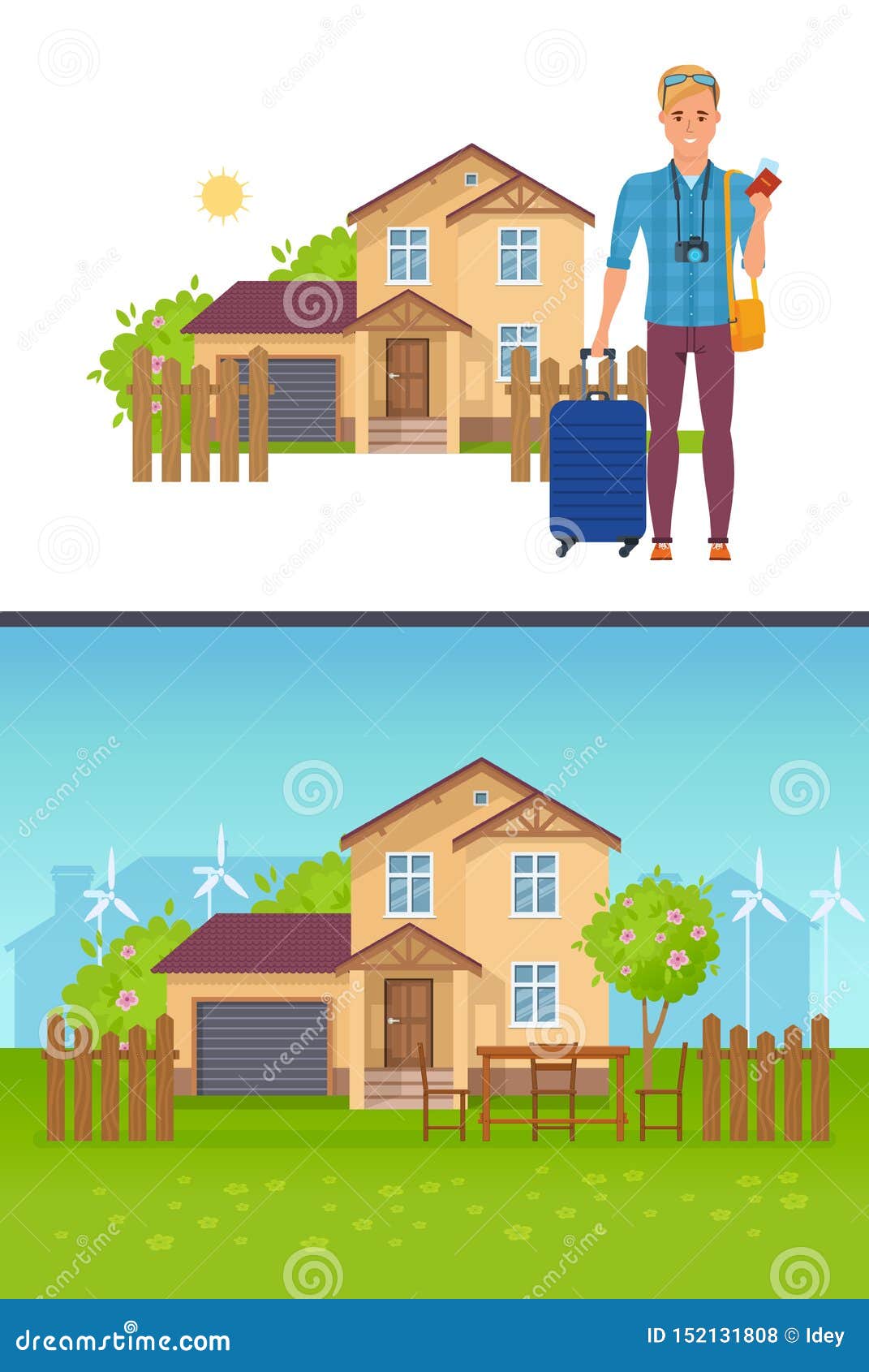 Ecological Country House, Cottage, Guest House. Traveler Character Man  Stock Vector - Illustration of landscape, beautiful: 152131808
