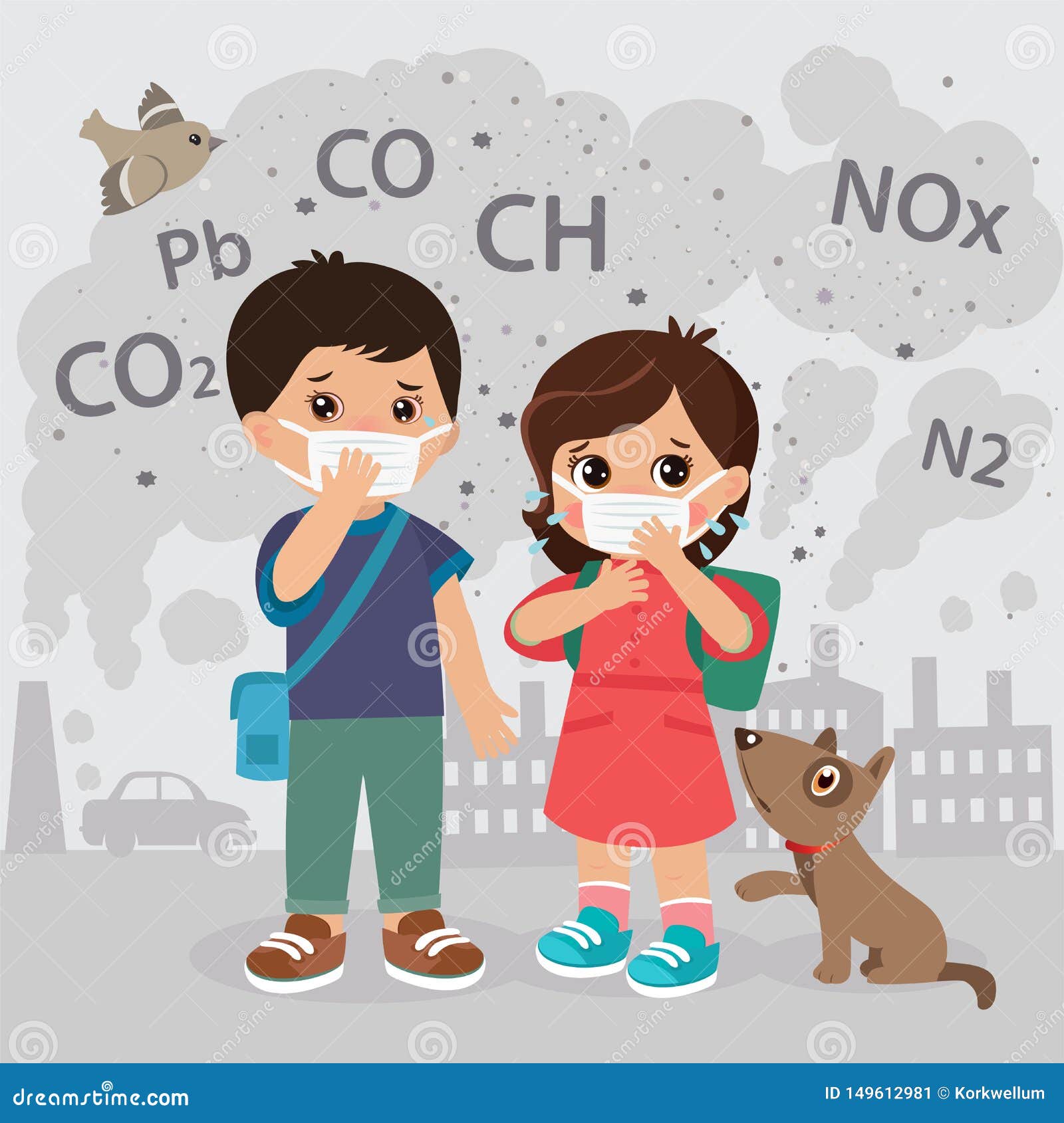 Ecology Concept Air Pollution. Co2, Pb, Ch, Nox Emissions Cloud Vector  Illustration Stock Vector - Illustration of danger, people: 149612981