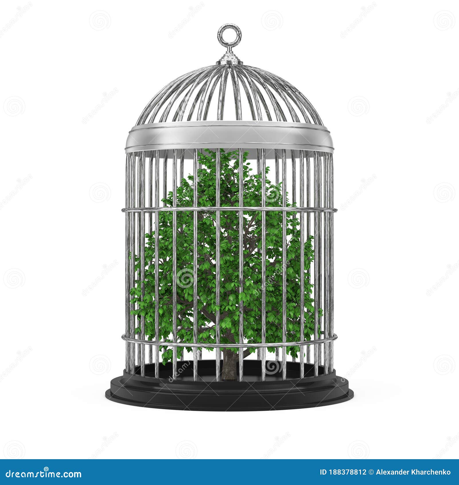 Ecology Concept. Green Tree in Metal Cage. 3d Rendering Stock