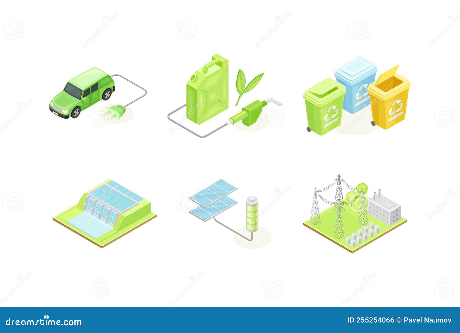 Ecology and Environment Protection and Conservation with Recycling Dustbin,  Electric Car, Dam, Solar Battery, and Stock Illustration - Illustration of  renewable, solar: 255254066