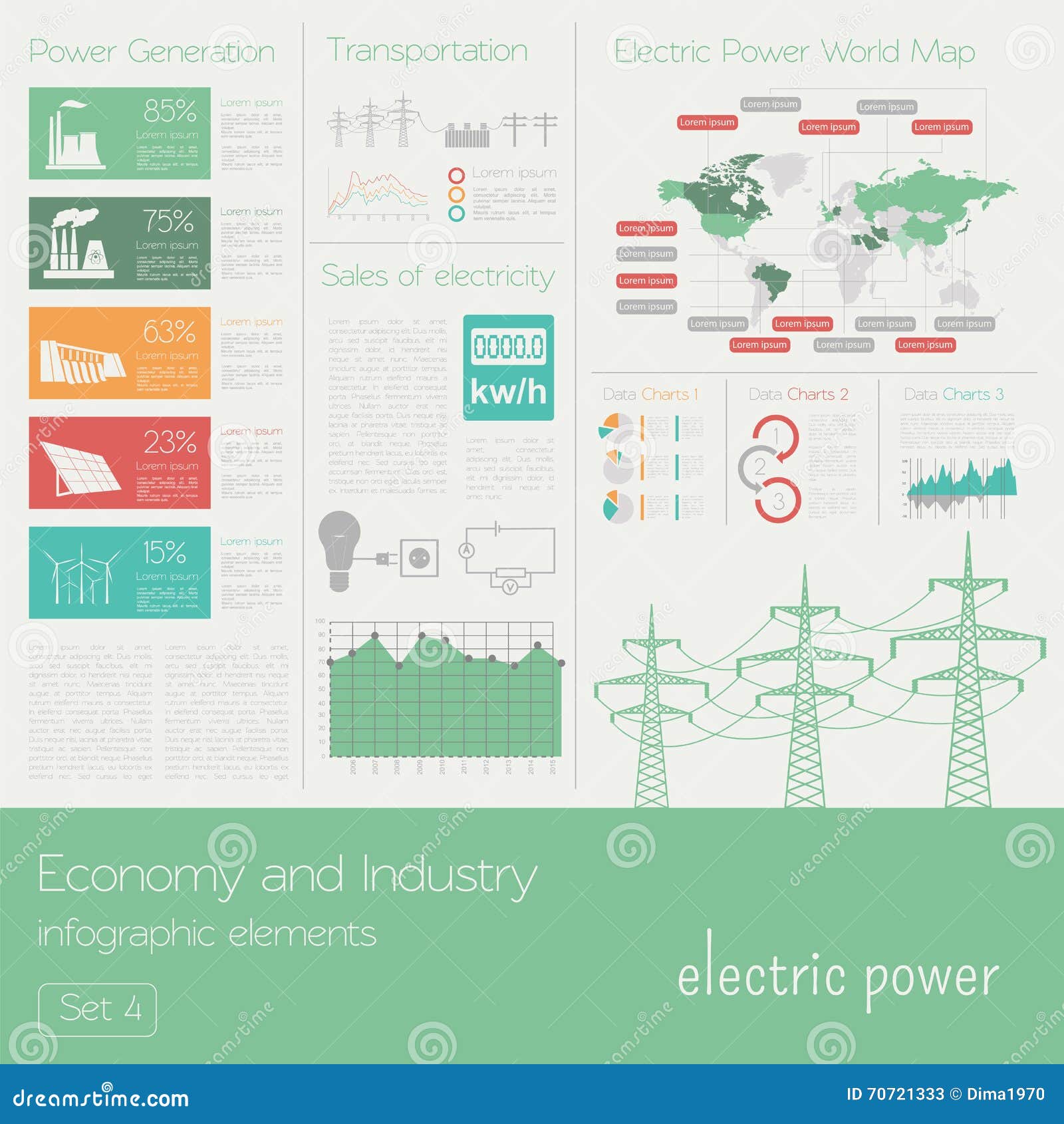 Economy and industry. Electric power. Electricity. Industrial infographic template. Vector illustration