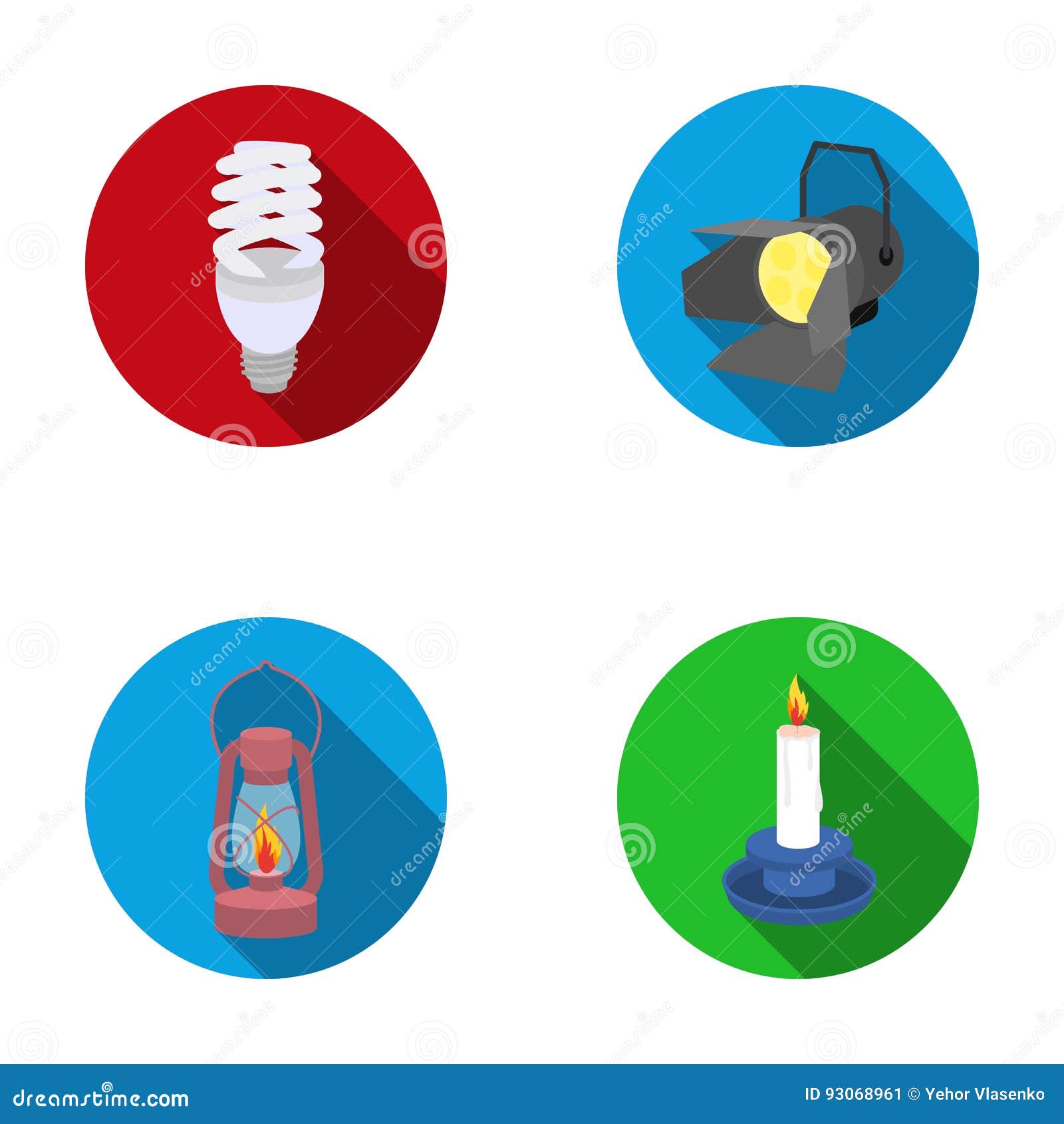 economy lamp, searchlight, kerosene lamp, candle.light source set collection icons in flat style   stock