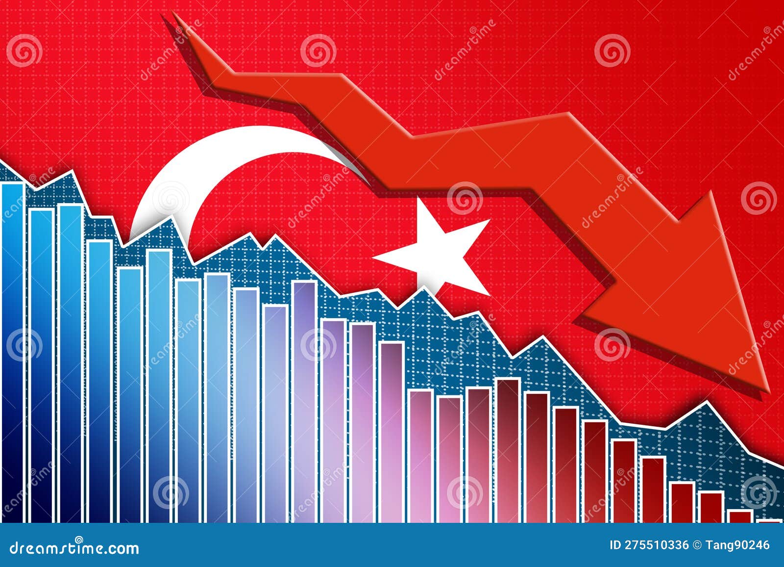 Economy of Turkey Falling Down with Arrow and Flag Stock Illustration