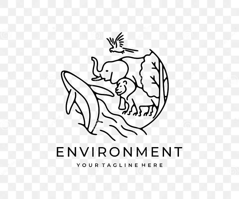Ecosystem, Animals, Plants, Fish and Birds, Linear Graphic Design Stock