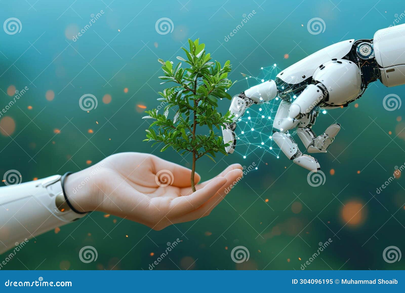 ecotech harmony human hand and robotic hands hold a tree