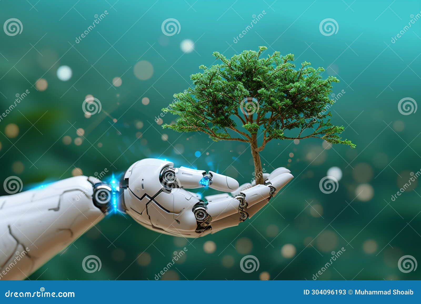 ecotech harmony human hand and robotic hands hold a tree