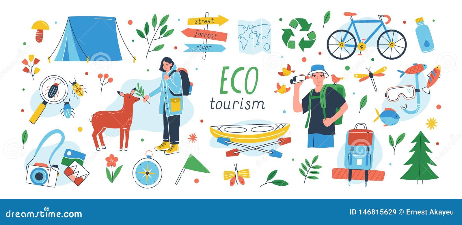ecotourism set. collection of eco friendly tourism  s  on white background - male and female