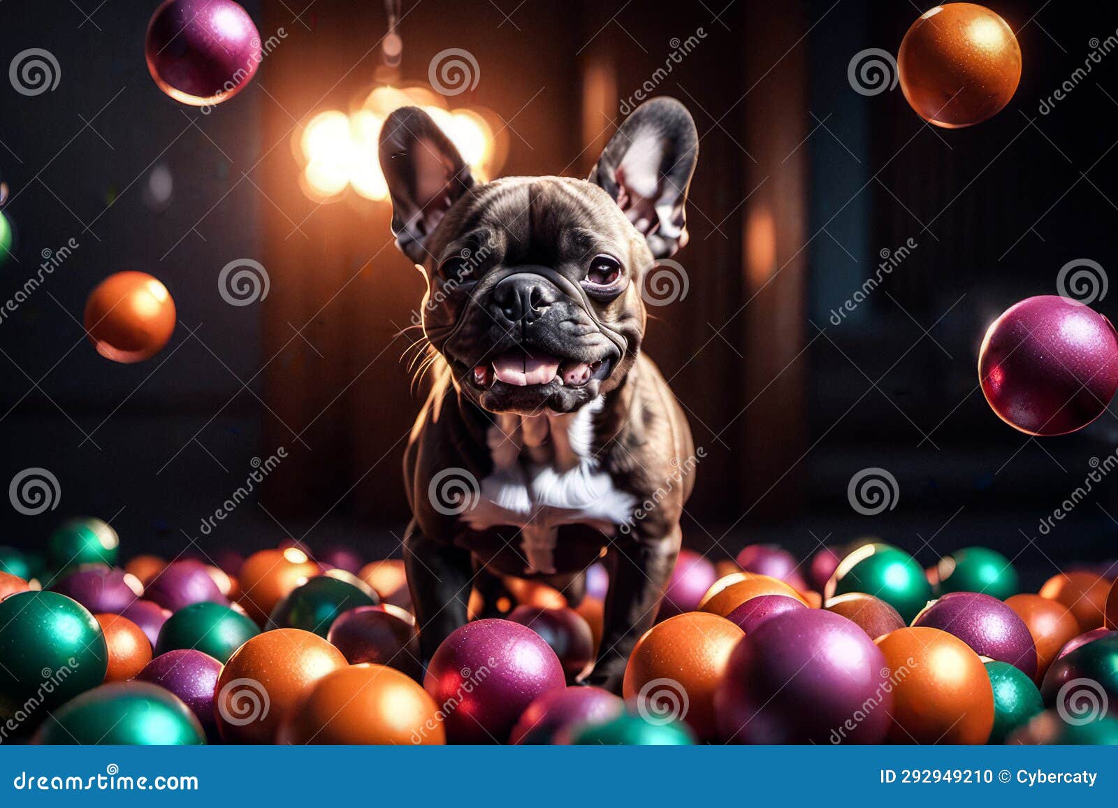 ecstatic frenchie delighting in play with colorful balls