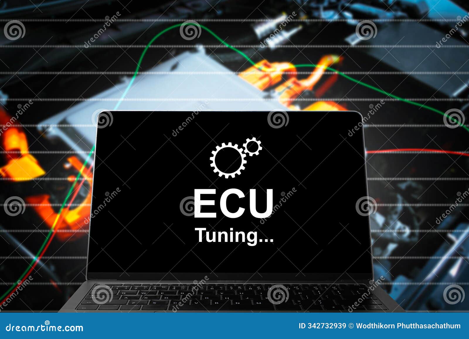 ecu or electronic control unit tuning graphic with mechanic laptop