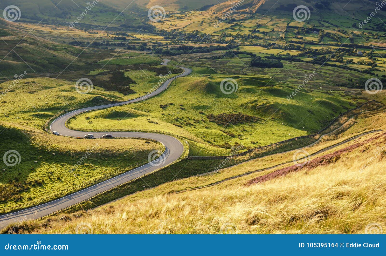 edale valley road in warm sunset light at summer