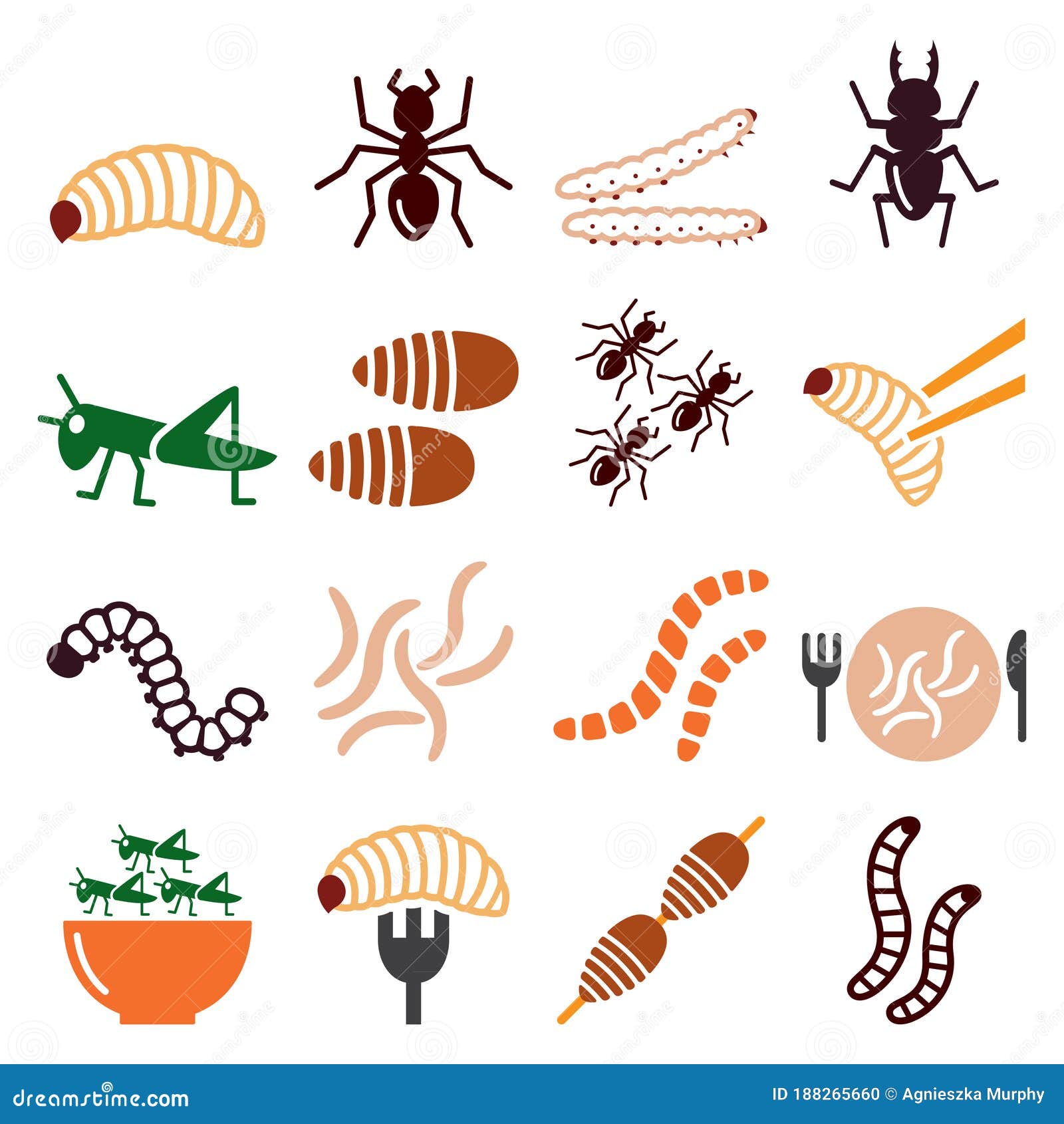 edible worms and insects  icons set - alternative source on protein in food