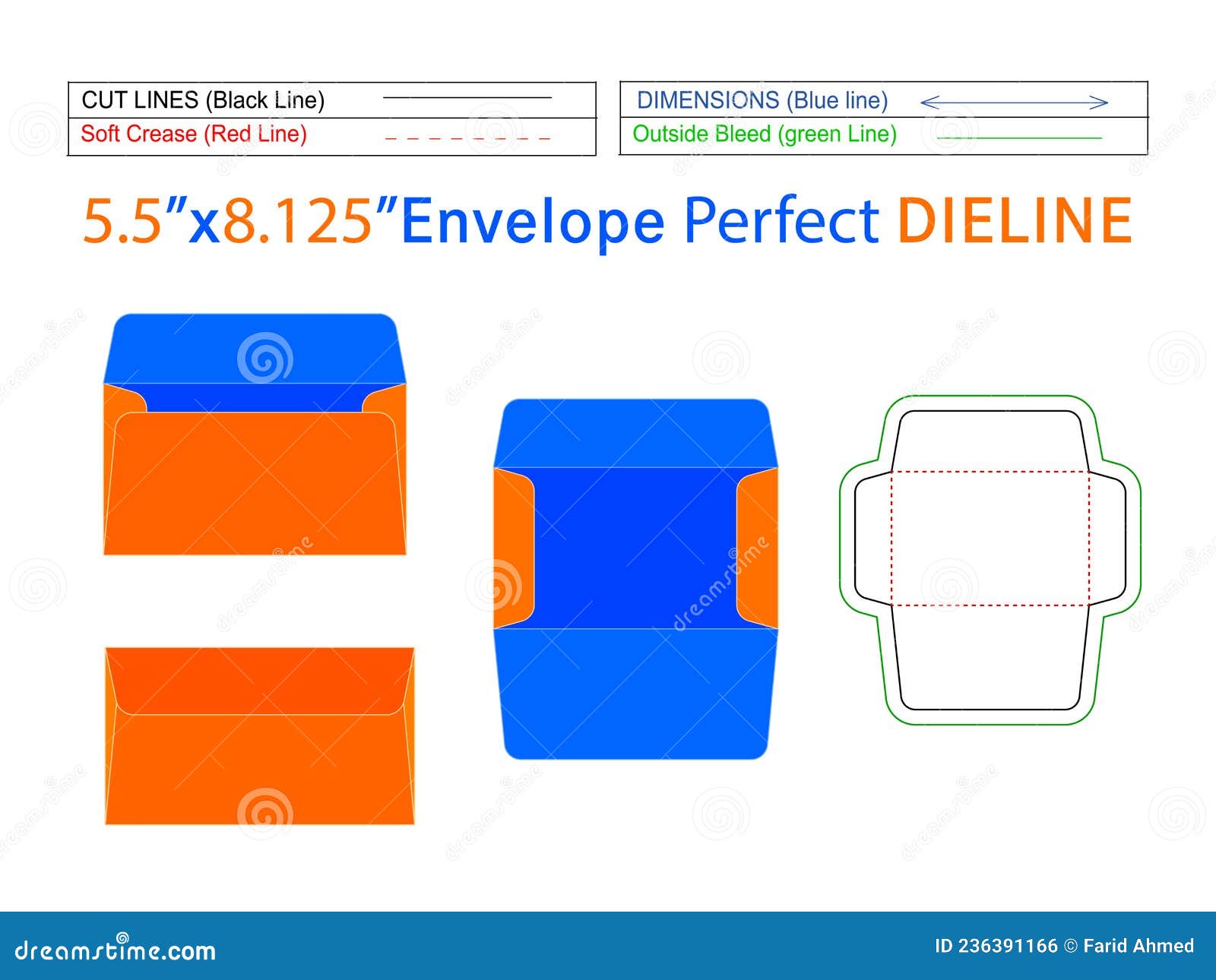 editable easily resizable 5.5x8.125 inch booklet envelope dieline template and 3d envelope