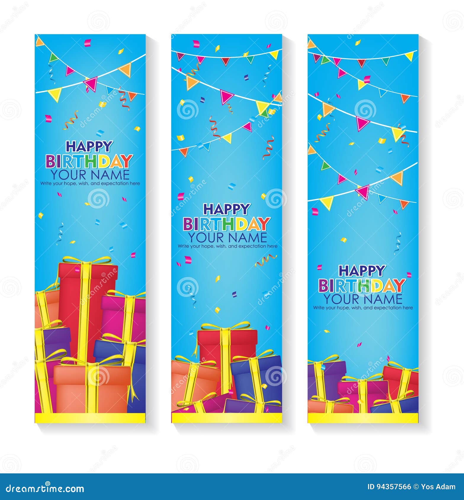 Editable Happy Birthday Banner with Gift Boxes and Confetti Decoration ...