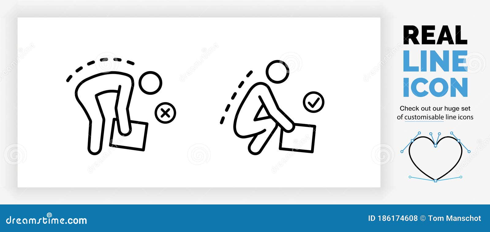 editable real line icon of a stick figure person doing heavy lifting with a correct and incorrect posture