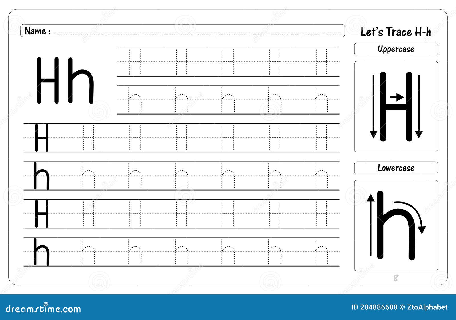 Letter H Tracing and Writing Worksheets Stock Vector