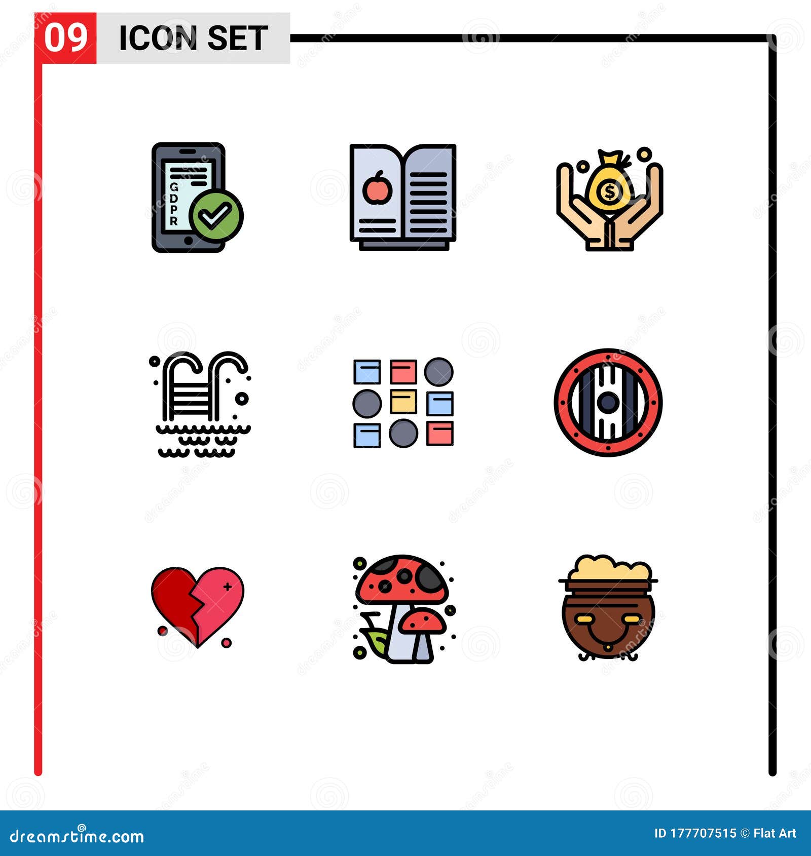 modern set of 9 filledline flat colors and s such as , data scince, money, system, park