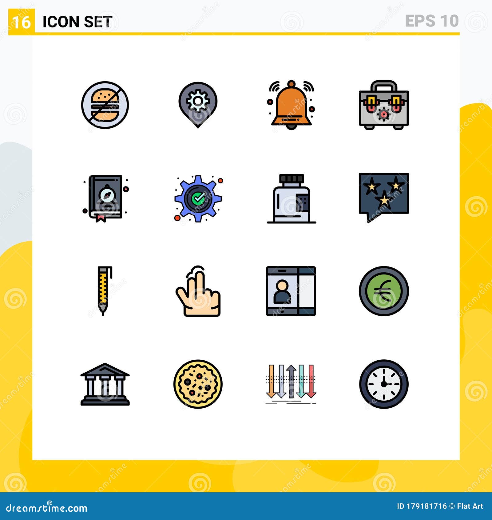editable  line pack of 16 simple flat color filled lines of location, compass, alert, tools, bag