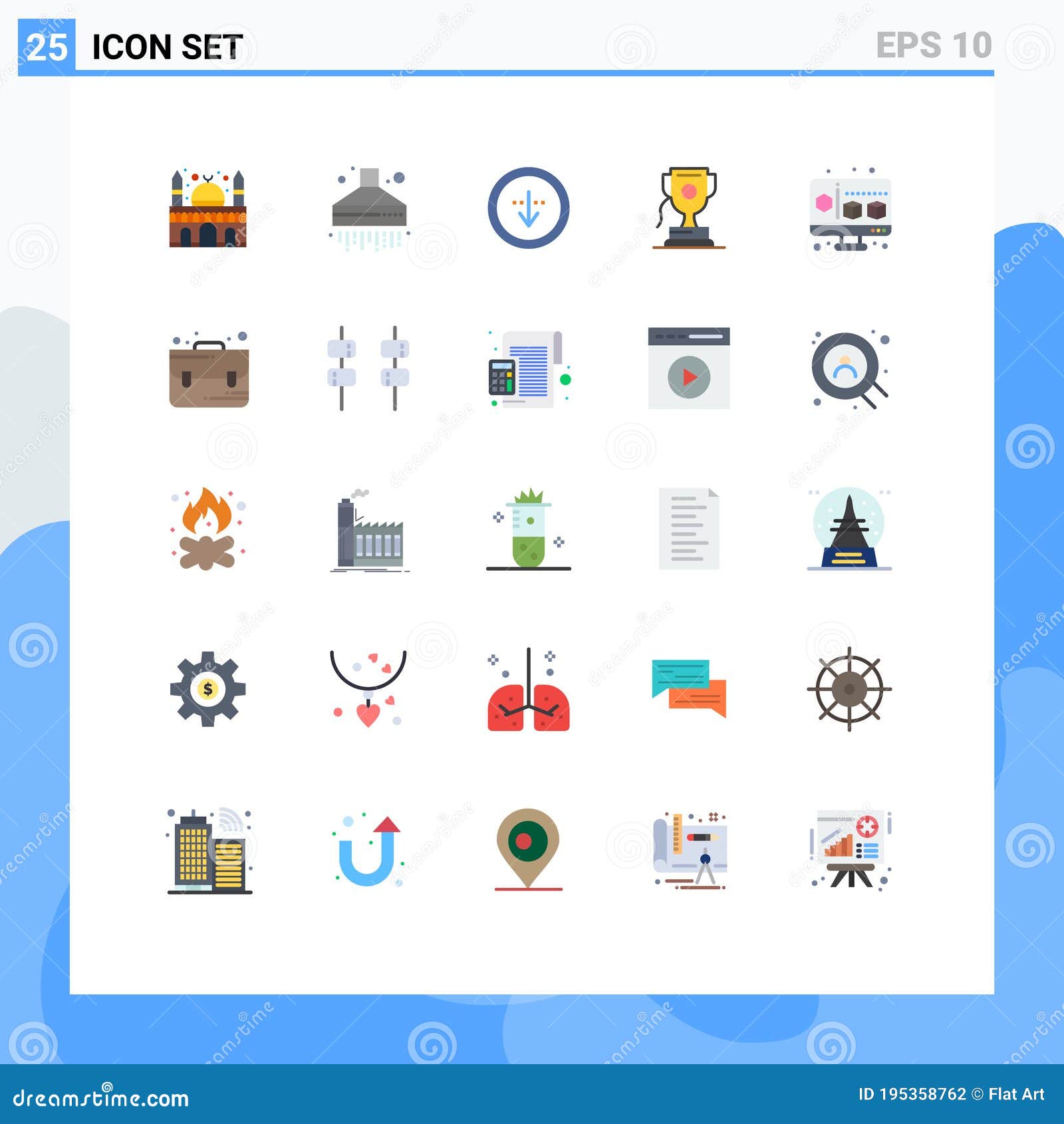 pictogram set of 25 simple flat colors of gadget, game, down, sport, achievment