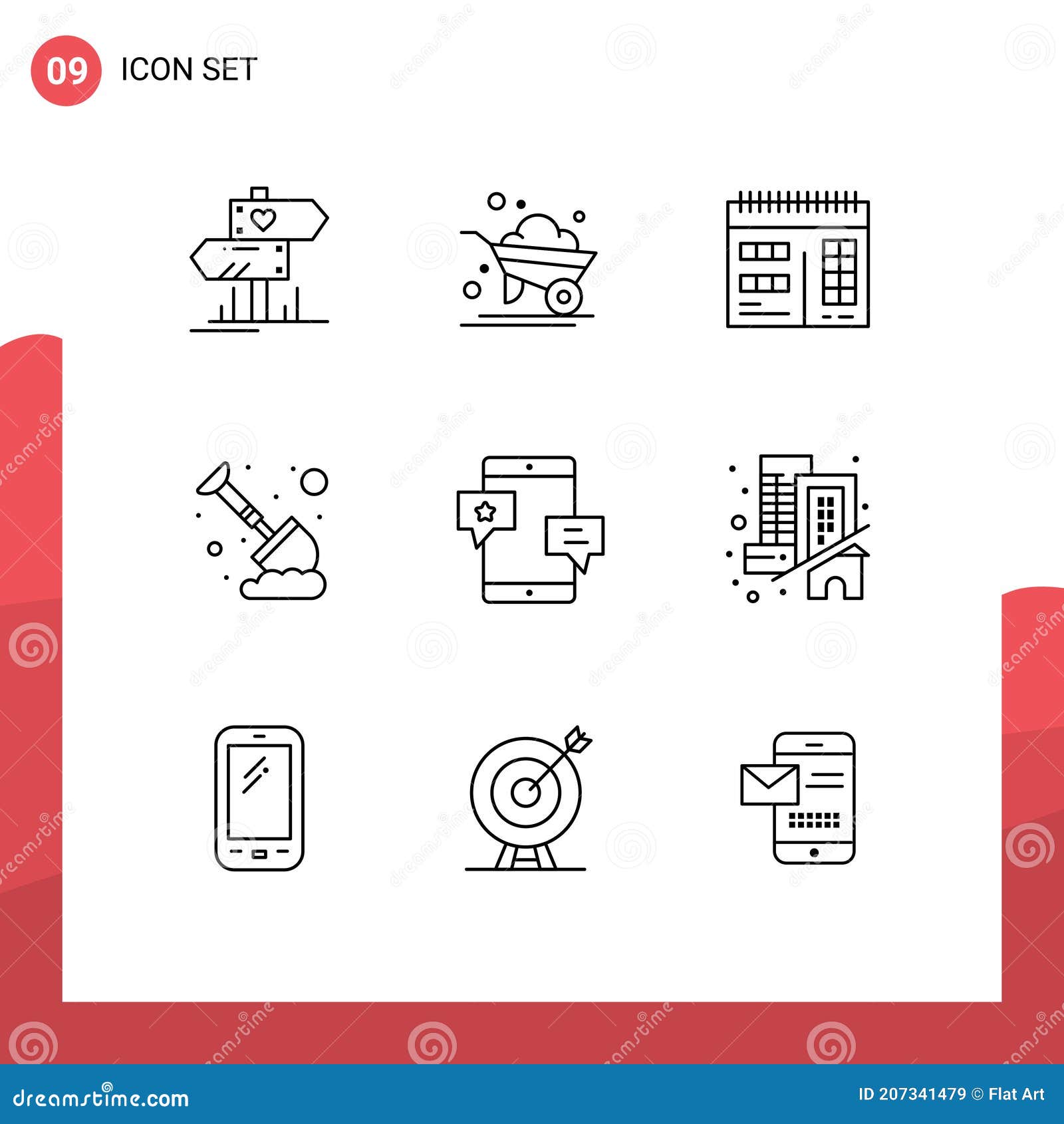 editable  line pack of 9 simple outlines of media, chat, web, mining, sand