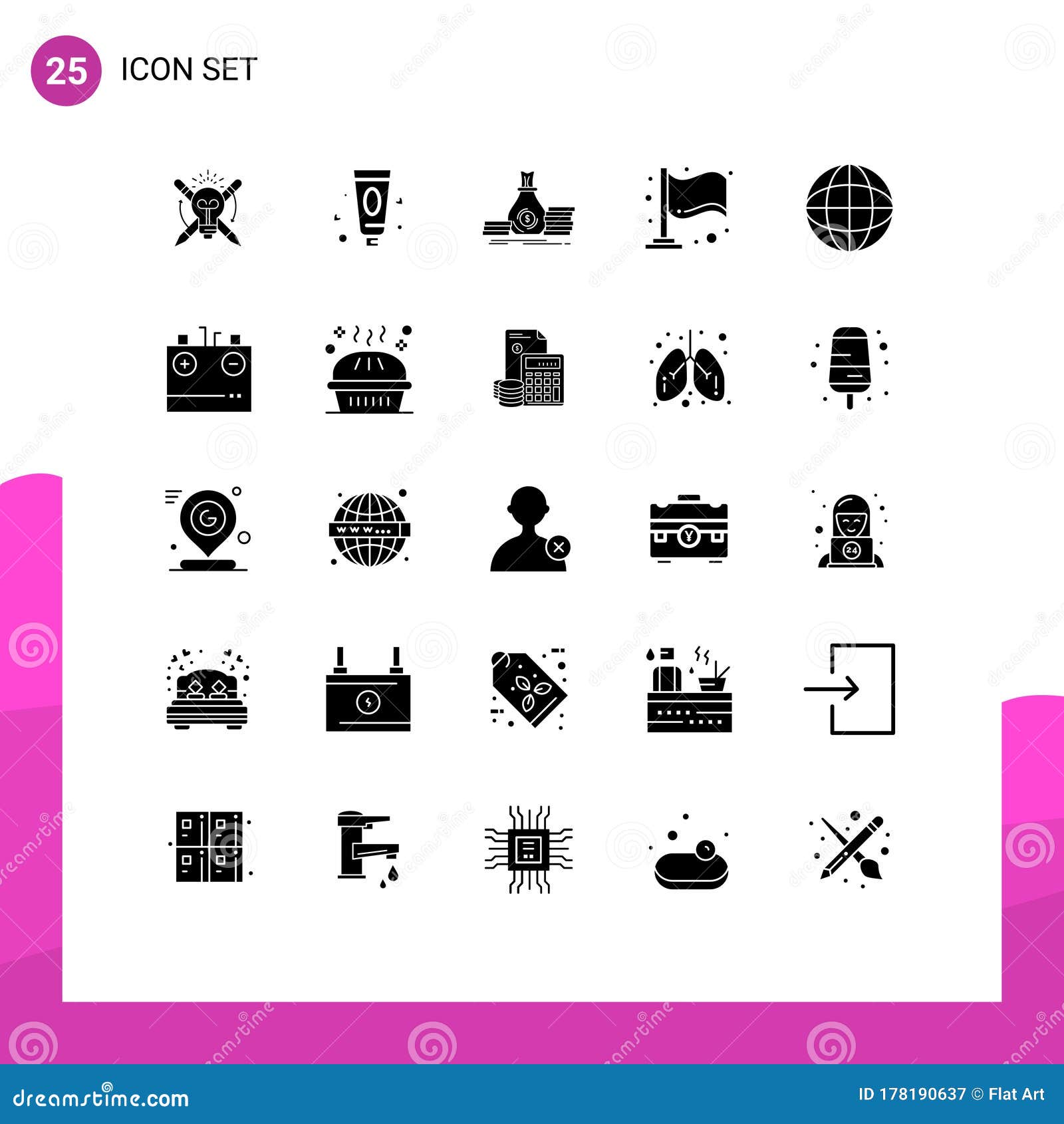 Editable Vector Line Pack of 25 Simple Solid Glyphs of Battery, Map