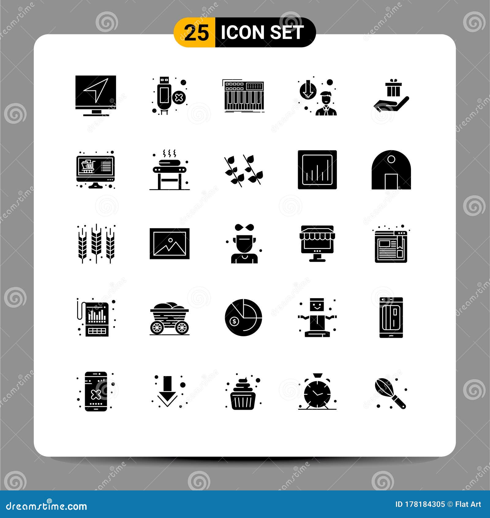 25 user interface solid glyph pack of modern signs and s of gift, depose, synth, degradation, synthesizer