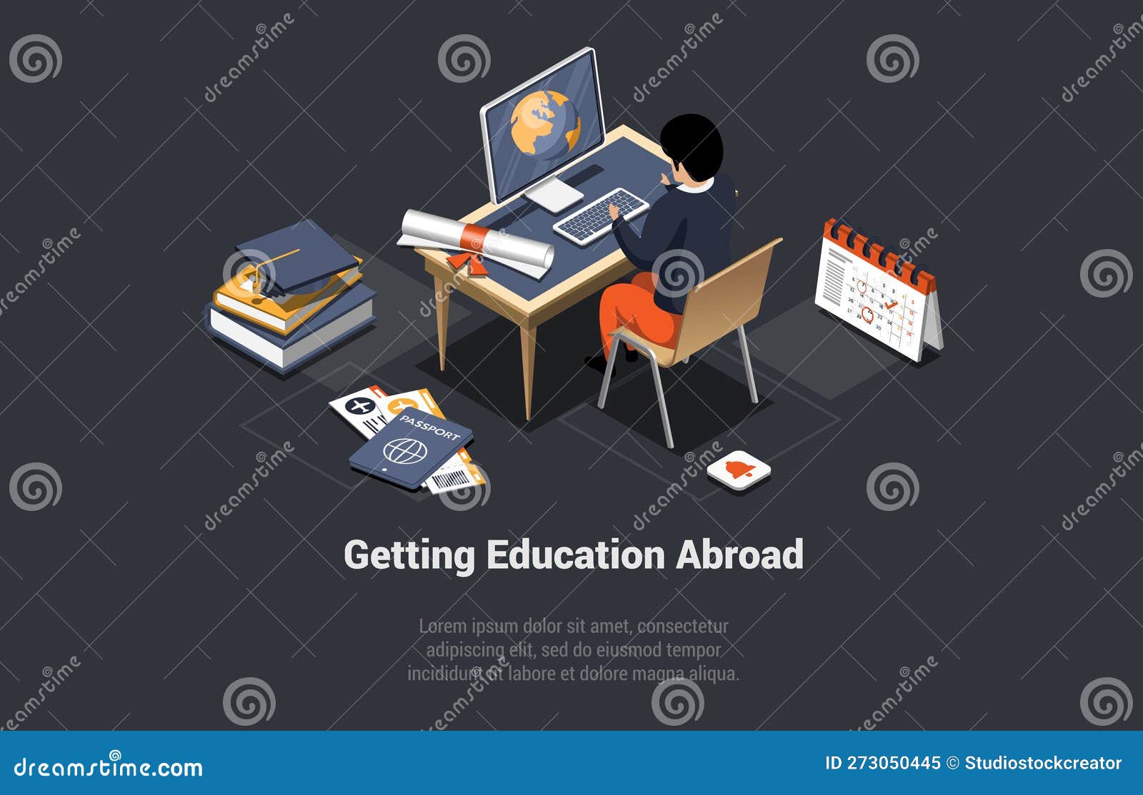 Education Abroad, Work and Travel Program Concept. Man Exchange Student in Front of Computer