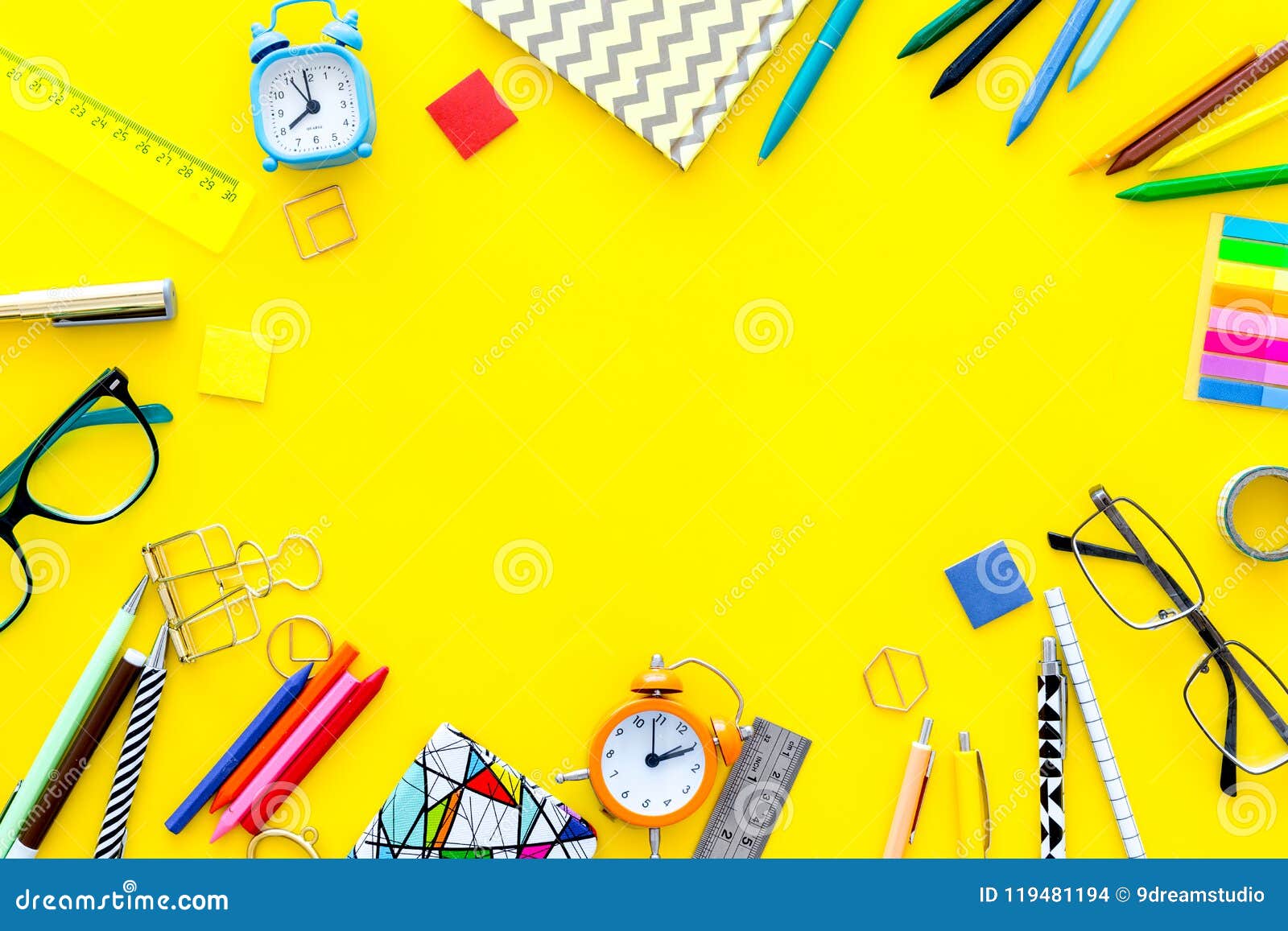 Education Background, Mockup. School, Student, Office Supplies. Stationery,  Glasses, Alarm Clock, Notebook on Yellow Stock Photo - Image of  educational, frame: 119481194