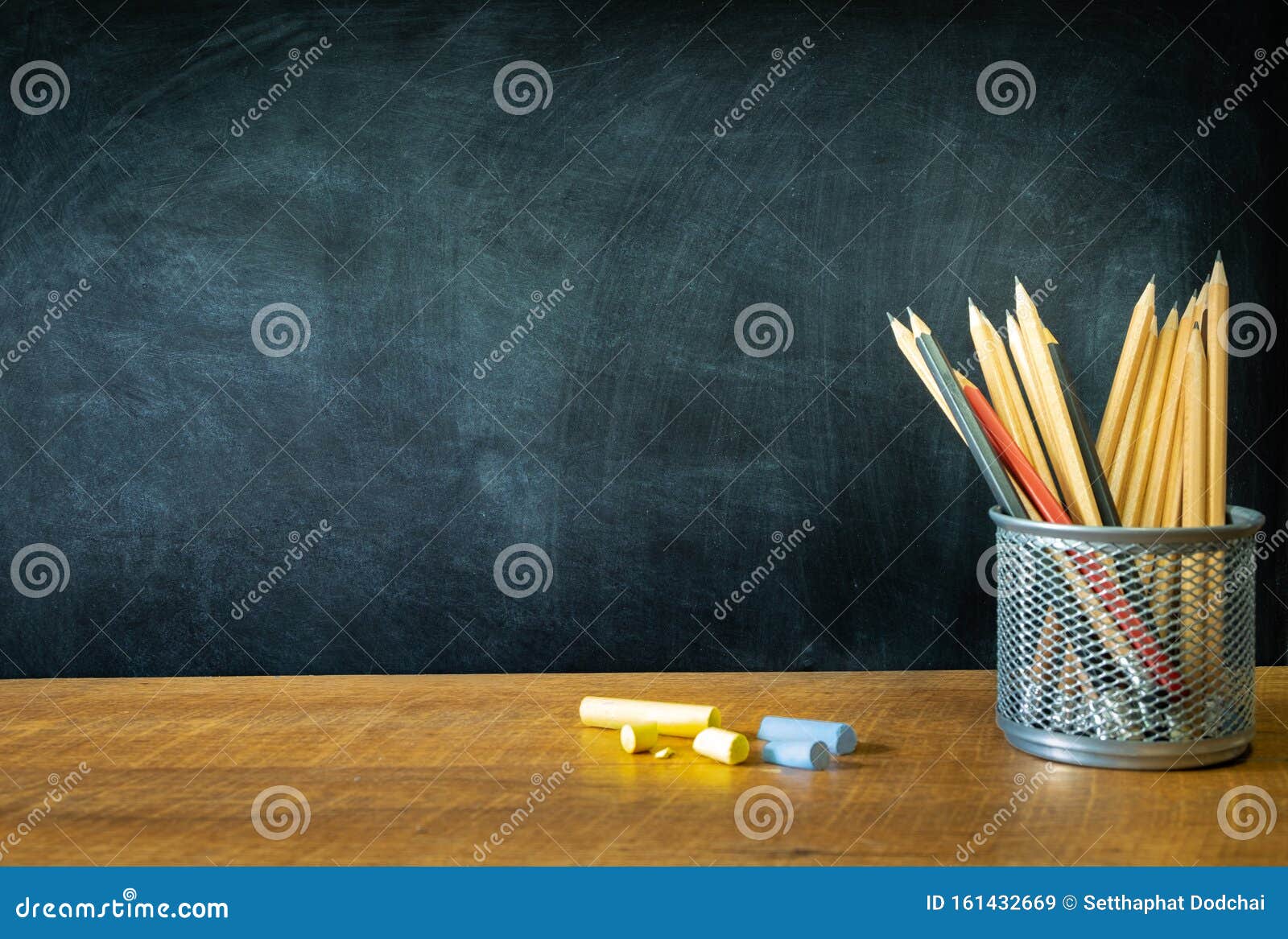 Education, Concept Back To School. School Supplies Border Banner Front of  Chalkboard and Pencils in a Steel Box on Wood Table, Sta Stock Image -  Image of educational, idea: 161432669