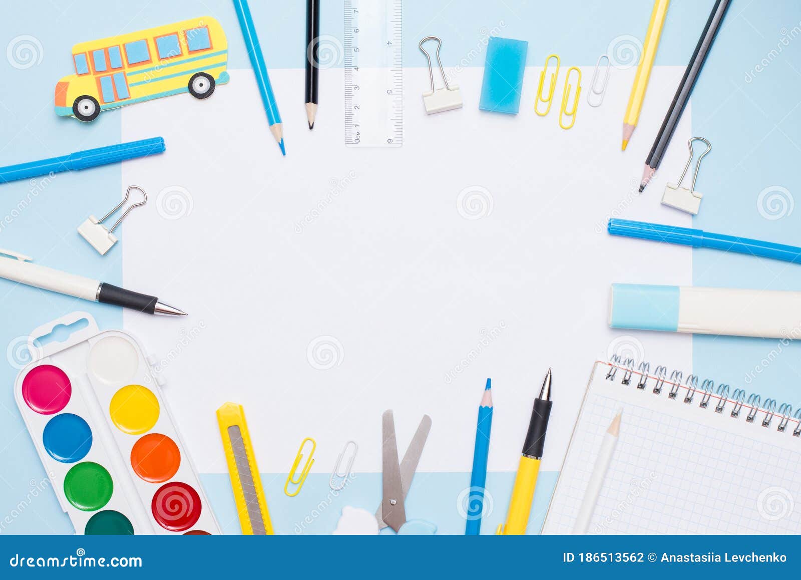 Education Concept. Top View of School and Office Supplies on White and Blue  Background with Place for Your Text Stock Photo - Image of desk, background:  186513562